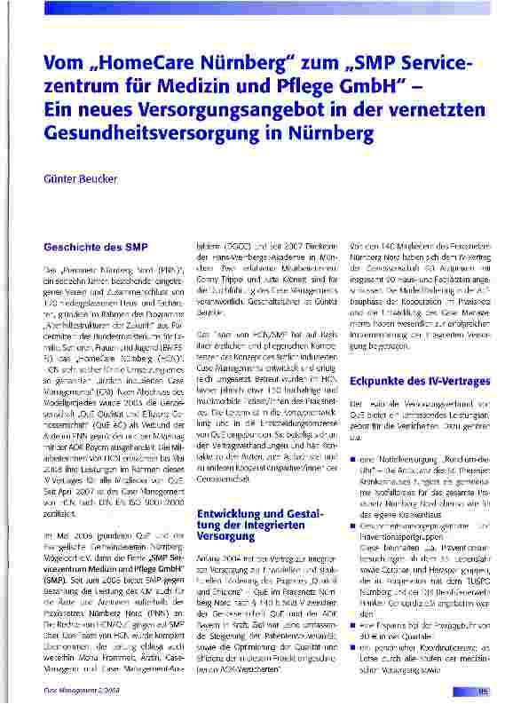 Vorschauseite 1: Vom „HomeCare Nürnberg zum „SMP Servicezentrum für Medizin und Pflege GmbH -Ein neues Versorgungsangebot in der vernetzten Gesundheitsversorgung in Nürnberg