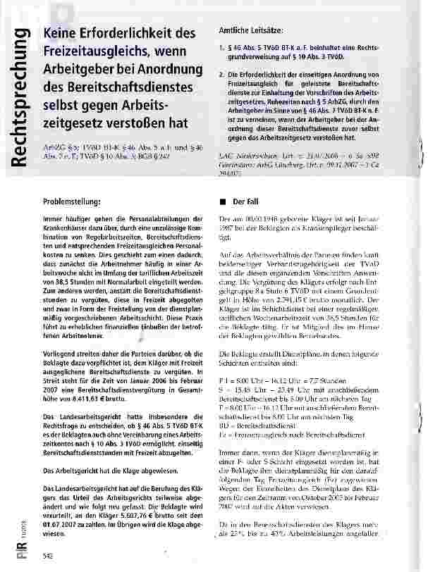 Vorschauseite 1: Keine Erforderlichkeit des Freizeitausgleichs, wenn Arbeitgeber bei Anordnung des Bereitschaftsdienstes selbst gegen Arbeitszeitgesetz verstoßen hat