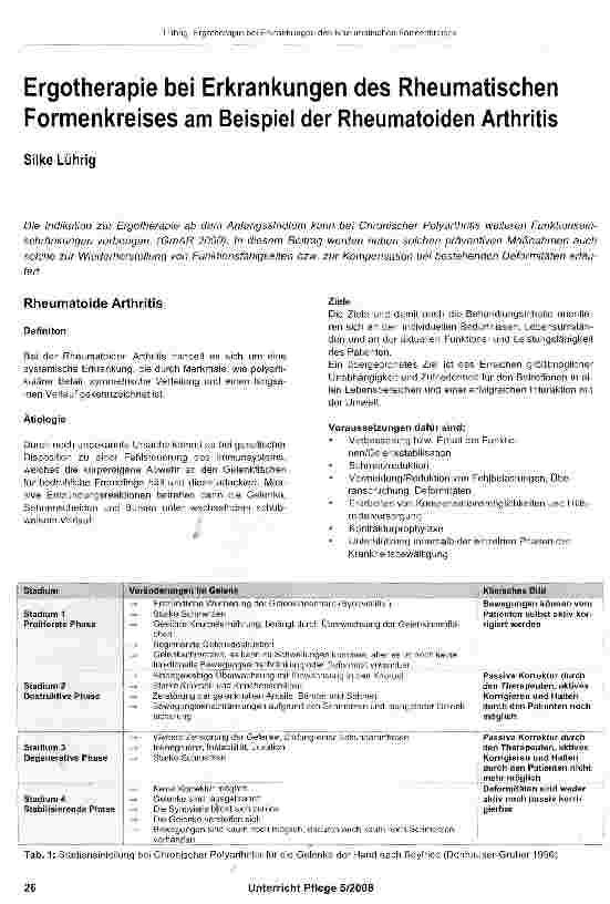 Vorschauseite 1: Ergotherapie bei Erkrankungen des Rheumatischen Formenkreises am Beispiel der Rheumatoiden Arthritis