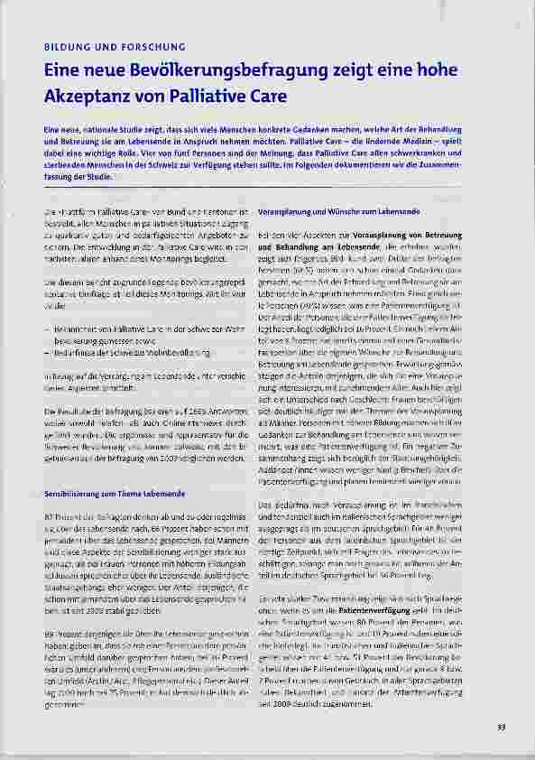 Vorschauseite 1: Eine neue Bevölkerungsbefragung zeigt eine hohe Akzeptanz von Palliative Care