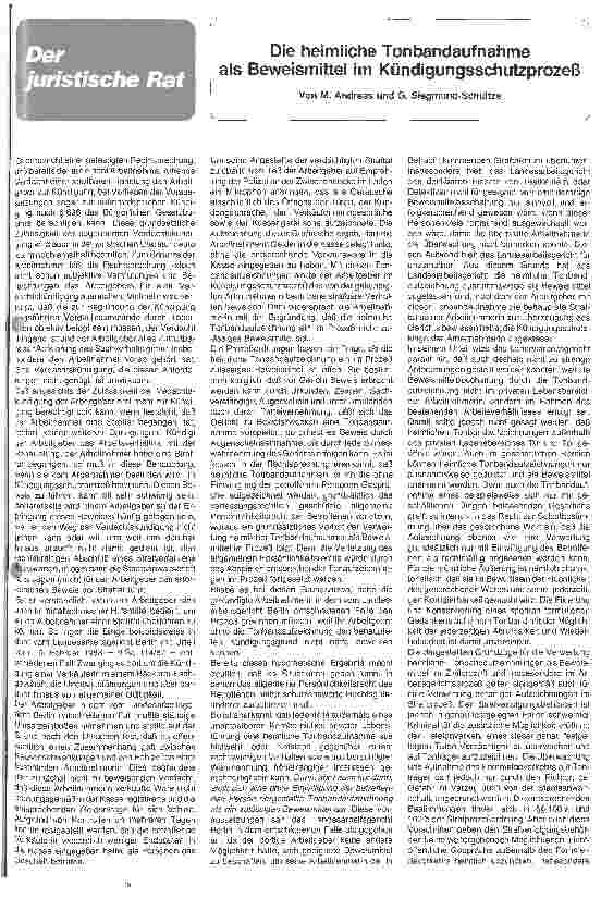 Vorschauseite 1: Die heimliche Tonbandaufnahme als Beweismittel im Kündigungsschutzprozeß