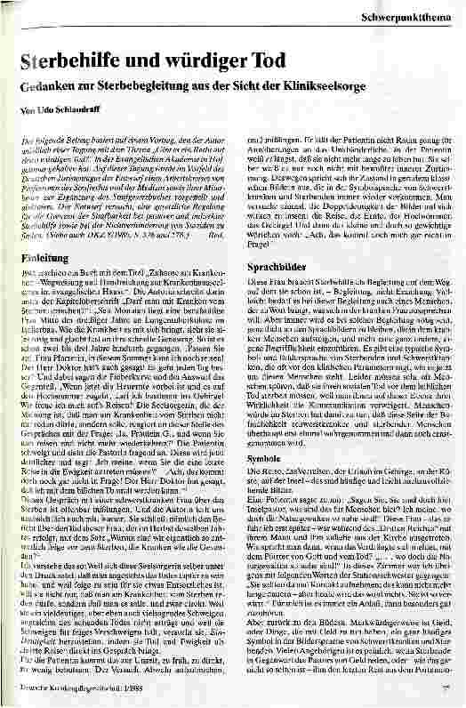 Vorschauseite 1: Sterbehilfe und würdiger Tod Gedanken zur Sterbebegleitung aus Sicht der Klinikseelsorge