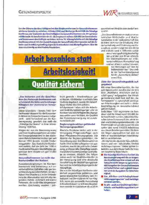 Vorschauseite 1: Arbeit bezahlen statt Arbeitslosigkeit Qualität sichern!