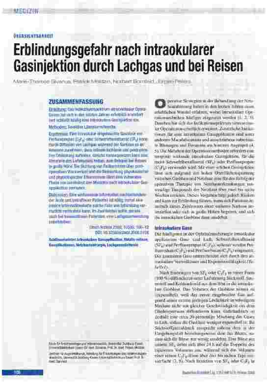 Vorschauseite 1: Erblindungsgefahr nach intraokularer Gasinjektion durch Lachgas und bei Reisen