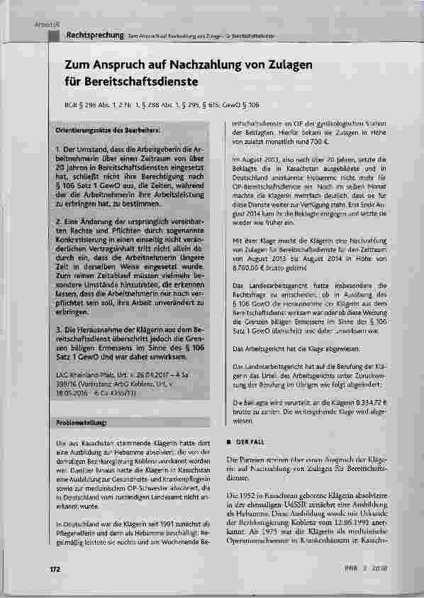 Vorschauseite 1: Zum Anspruch auf Nachzahlung von Zulagen für Bereitschaftsdienste