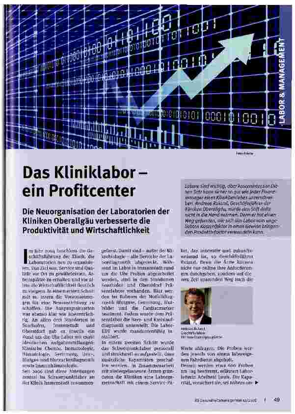 Vorschauseite 1: Das Kliniklabor-ein Profitcenter Die Neuorganisation der Laboratorien der Kliniken Oberallgäu verbesserte die Produktivität und Wirtschaftlichkeit