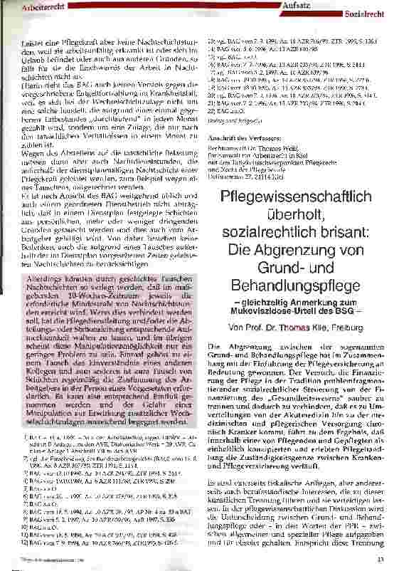 Vorschauseite 1: Pflegewissenschaftlich überholt, sozialrechtlich brisant: Die Abgrenzung von Grundund Behandlungspflege - gleichzeitig Anmerkung zum Mukoviszidose-Urteil des BSG -
