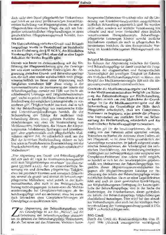Vorschauseite 2: Pflegewissenschaftlich überholt, sozialrechtlich brisant: Die Abgrenzung von Grundund Behandlungspflege - gleichzeitig Anmerkung zum Mukoviszidose-Urteil des BSG -