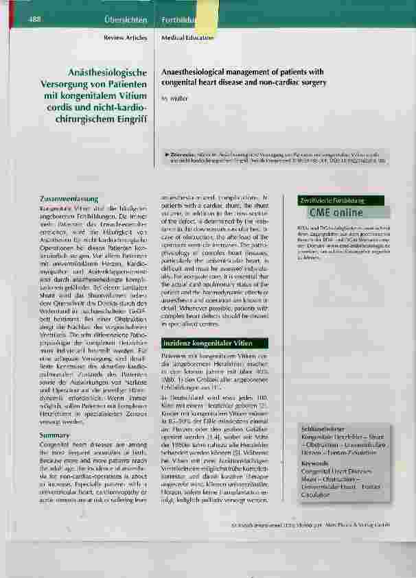 Vorschauseite 1: Anästhesiologische Versorgung von Patienten mit kongenitalem Vitium cordis und nicht-kardiochirurgischem Eingriff