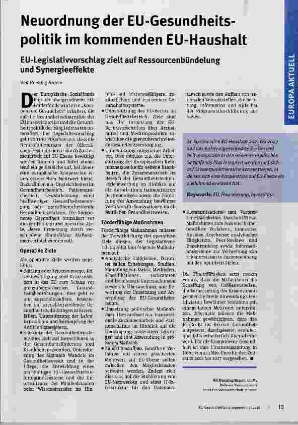 Vorschauseite 1: Neuordnung der EU-Gesundheitspolitik im kommenden EU-Haushalt