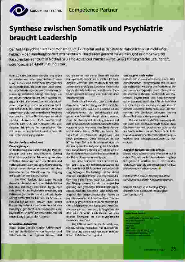 Vorschauseite 1: Synthese zwischen Somatik und Psychiatrie braucht Leadership
