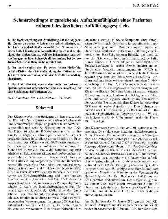 Vorschauseite 1: Schmerzbedingte unzureichende Aufnahmefähigkeit eines Patienten während des ärztlichen Aufklärungsgesprächs