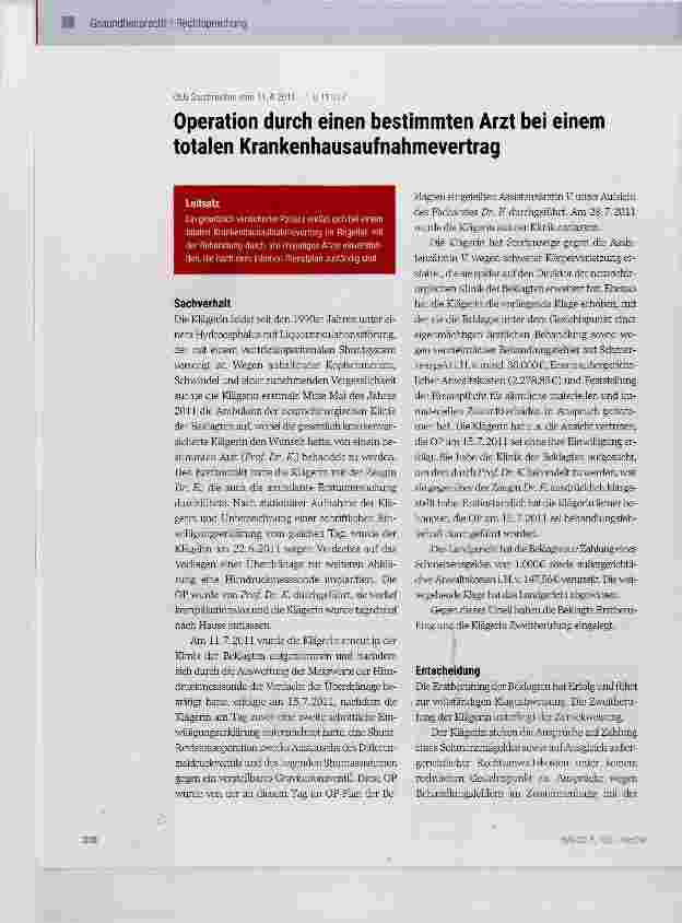 Vorschauseite 1: Operation durch einen bestimmten Arzt bei einem totalen Krankenhausaufnahmevertrag