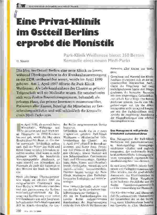 Vorschauseite 1: Eine Privat-Klinik im Ostteil Berlins erprobt die Monistik Park-Klinik Weißensee bietet 350 Betten