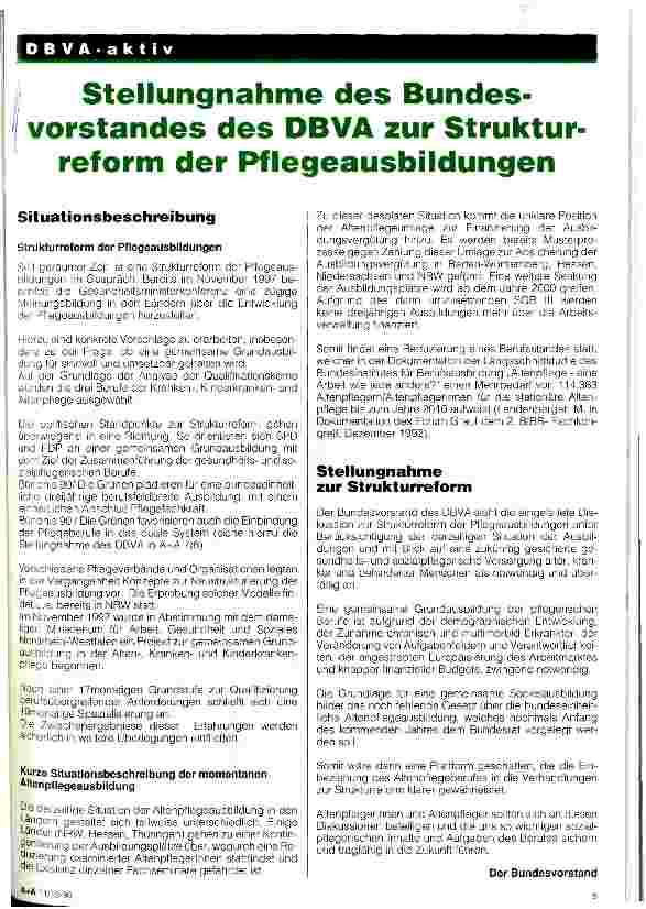 Vorschauseite 1: Stellungnahme des Bundesvorstandes des DBVA zur Strukturreform der Pflegeausbildungen