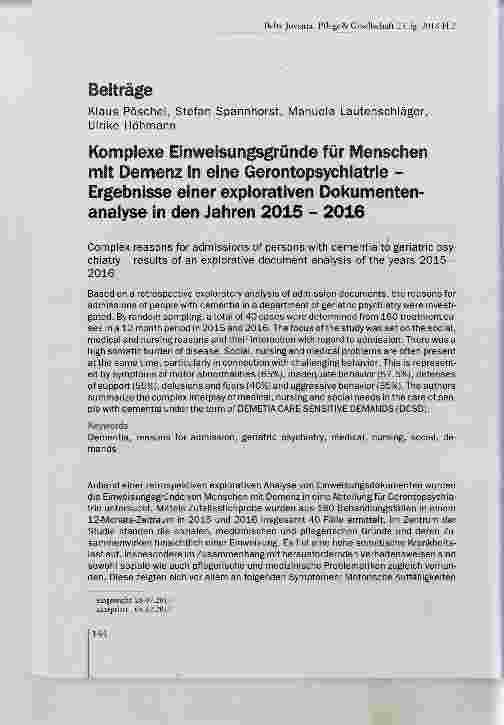 Vorschauseite 1: Komplexe Einweisungsgründe für Menschen mit Demenz in eine Gerontopsychiatrie Ergebnisse einer explorativen Dokumentenanalyse in den Jahren 2015 - 2016