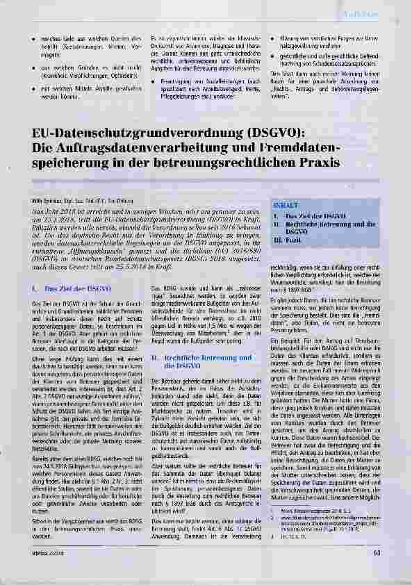 Vorschauseite 1: EU-DatenschutzgrundverOrdnung (DSGVO): Die Auftragsdatenverarbeitung und Fremddatenspeicherung in der betreuungsrechtlichen Praxis