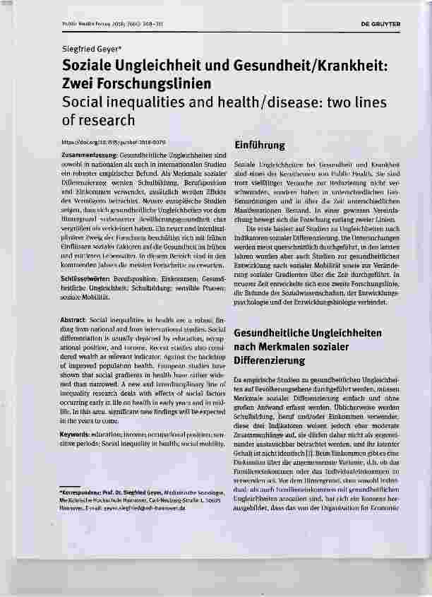 Vorschauseite 1: Soziale Ungleichheit und Gesundheit/Krankheit: Zwei Forschungslinien