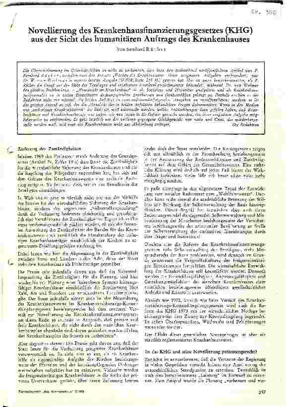 Vorschauseite 1: Novellierung des KHG aus der Sicht des humanitären Auftrages des Krankenhauses