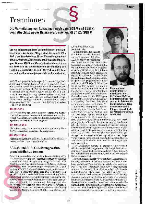 Vorschauseite 1: Trennlinien Die Verknüpfung von Leistungen nach dem SGB V und SGB XI beim Abschluß neuer Rahmenverträge gemäß § 132 a SGB V