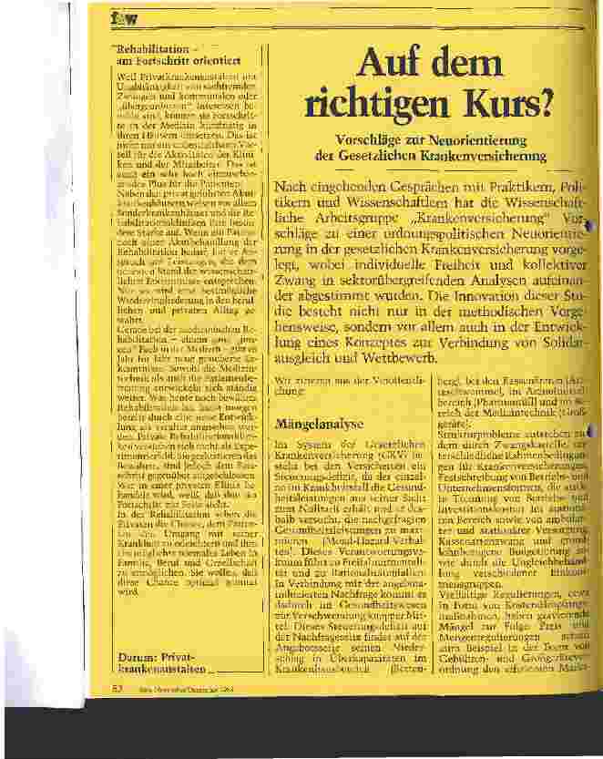 Vorschauseite 1: Auf dem richtigen Kurs? / Vorschläge zur Neuorientierung der Gestzlichen Krankenversicherungen