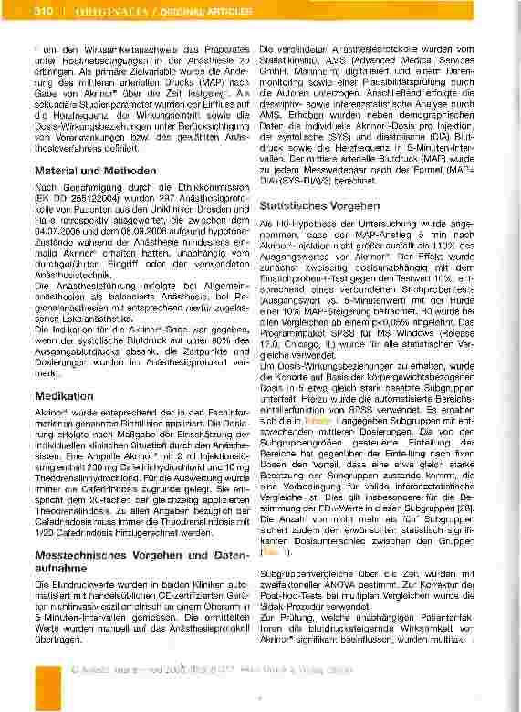 Vorschauseite 3: Wirksamkeitsnachweis und Dosis-Wirkungsbezäehungen von Akrinor® bei Patienten unter Allgemeinund Regional anästhesie