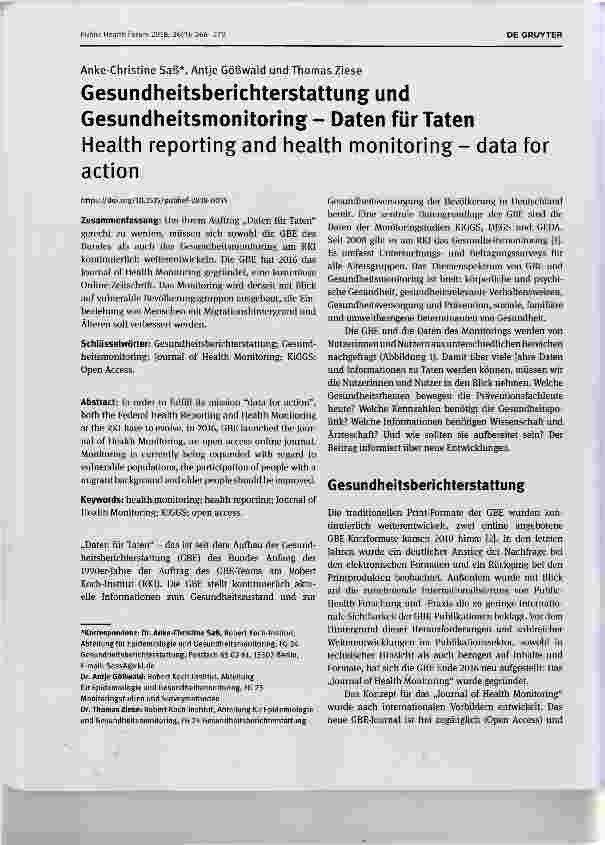 Vorschauseite 1: Gesundheitsberichterstattung und Gesundheitsmonitoring Daten für Taten Health reporting and health monitoring - data for action