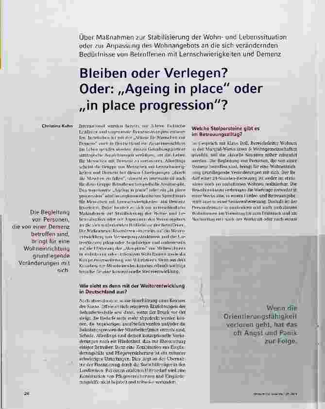 Vorschauseite 1: Bleiben oder Verlegen? Oder: „Ageing in place oder „In place progression?
