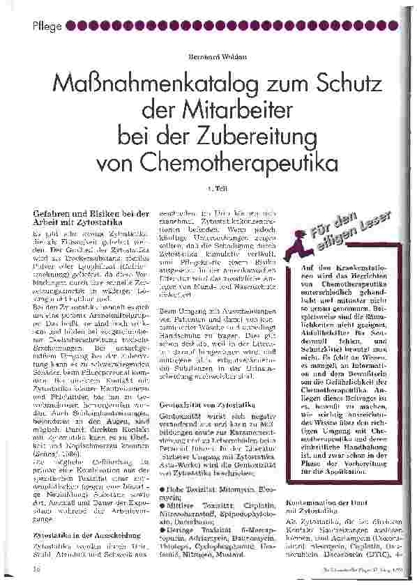 Vorschauseite 1: Maßnahmenkatalog zum Schutz der Mitarbeitzer bei der Zubereitung von Chemotherapeutika 1. Teil