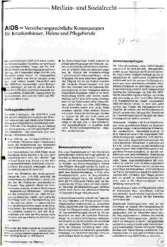 Vorschauseite 1: AIDS - Versicherungsrechtliche Konsequenzen für Krankenhäuser, Heime und Pflegeberufe