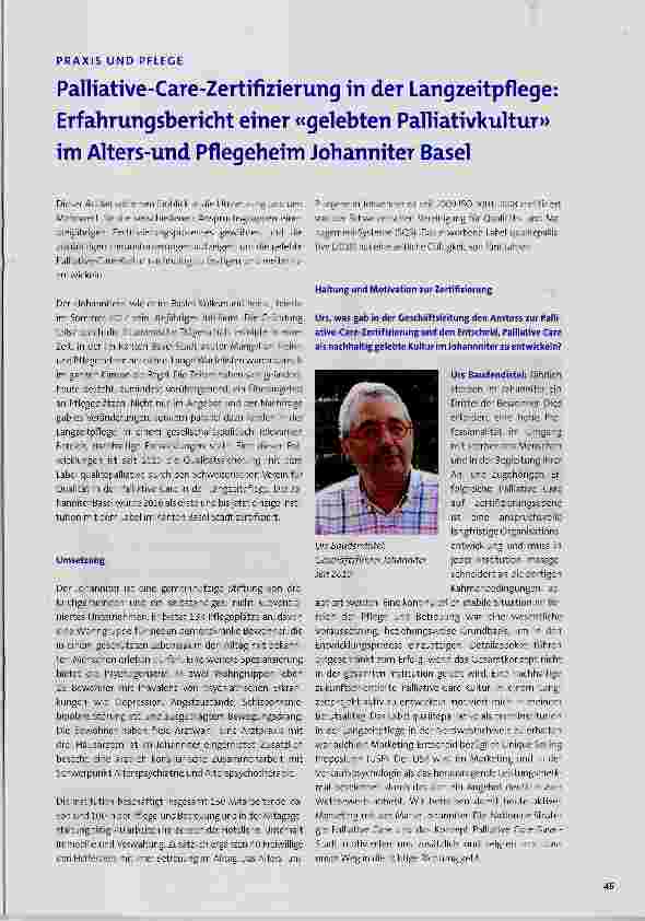 Vorschauseite 1: Palliative-Care-Zertifizierung in der Langzeitpflege: Erfahrungsbericht einer «gelebten Palliativkultur» im Alters-und Pflegeheim Johanniter Basel