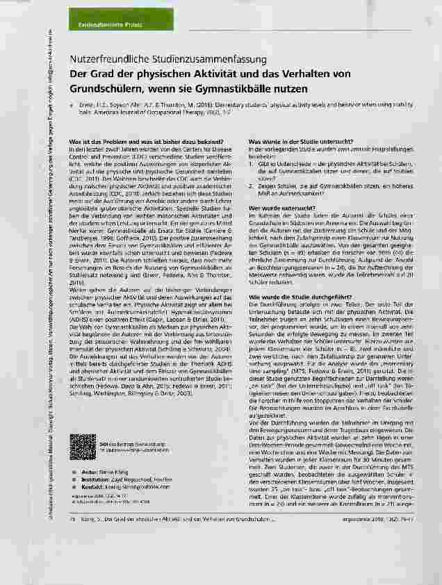Vorschauseite 1: Der Grad der physischen Aktivität und das Verhalten vonGrundschülern, wenn sie Gymnastikbälle nutzen