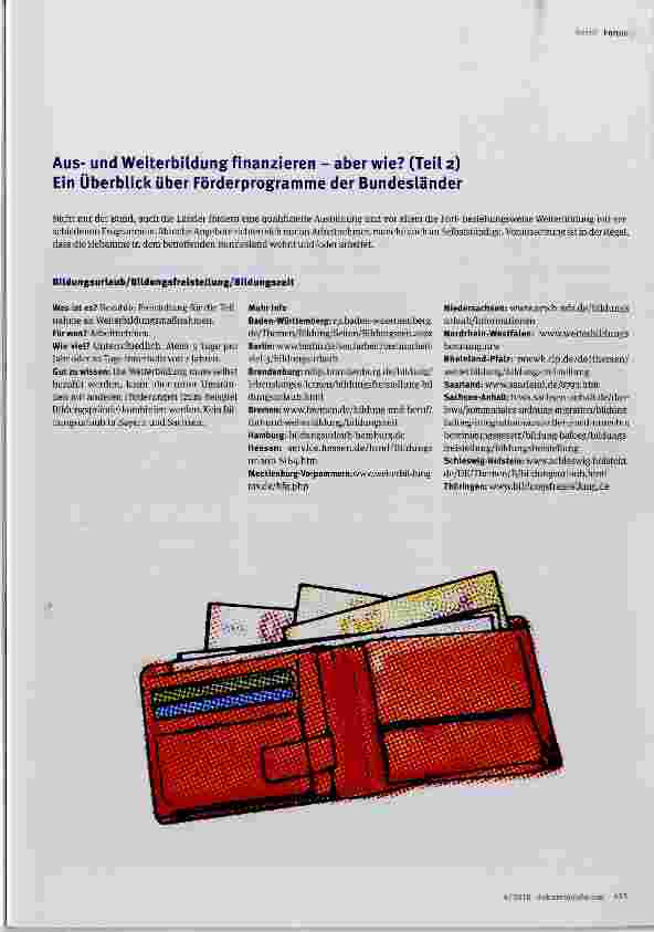 Vorschauseite 1: Ausund Weiterbildung finanzieren - aber wie? (Teil 2) Ein Überblick über Förderprogramme der Bundesländer