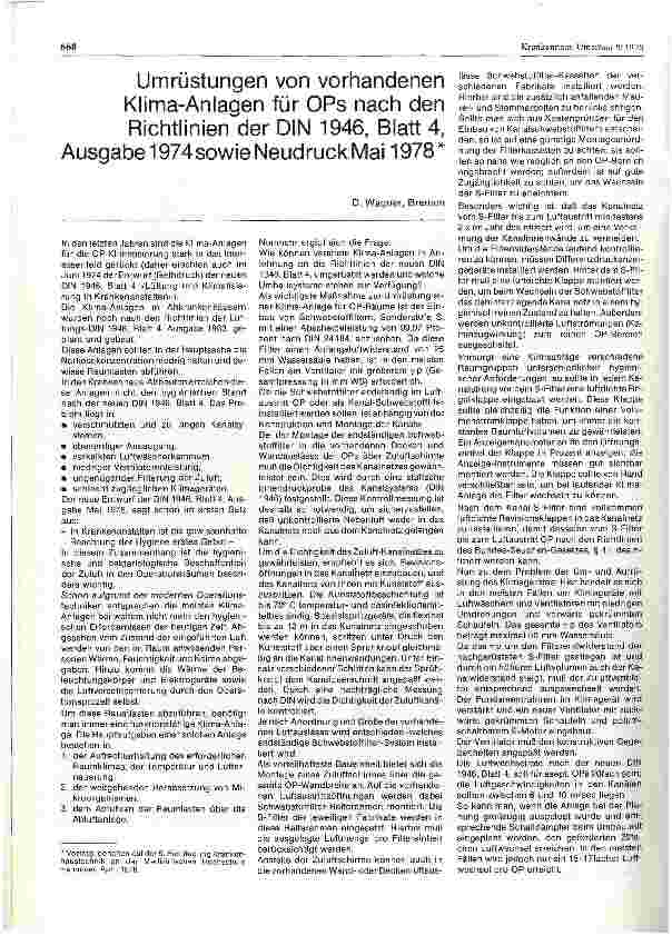 Vorschauseite 1: Umrüstungen von vorhandenen Klima-Anlagen für OPs nach den Richtlinien der DIN 1946, Blatt 4, Ausgabe 1974 sowie Neudruck Mai 1978