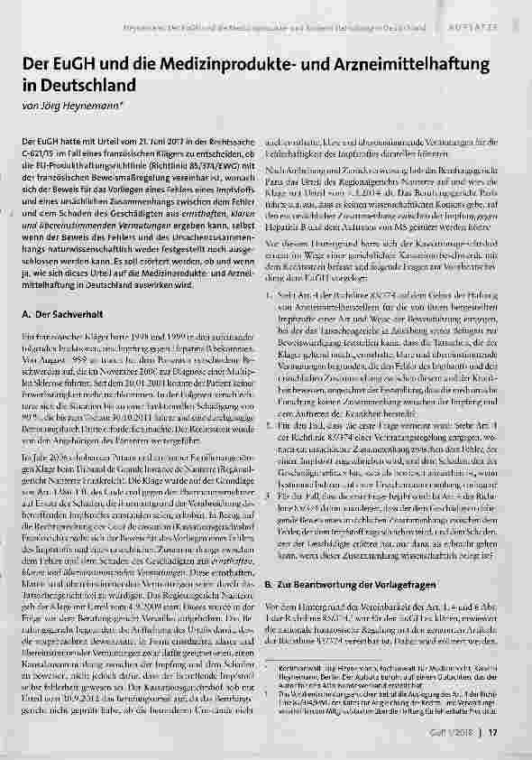 Vorschauseite 1: Der EuGH und die Medizinprodukteund Arzneimittelhaftungin Deutschland