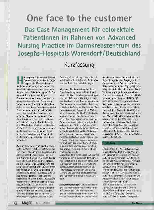 Vorschauseite 1: One face to the customer Das Case Management für colorektale Patientinnen im Rahmen von Advanced Nursing Practice im Darmkrebszentrum des Josephs-Hospitals Warendorf /DeutschlandK…