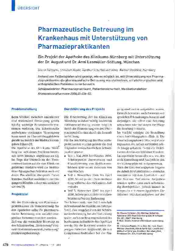 Vorschauseite 1: Pharmazeutische Betreuung im Krankenhaus mit Unterstützung von Pharmaziepraktikanten
