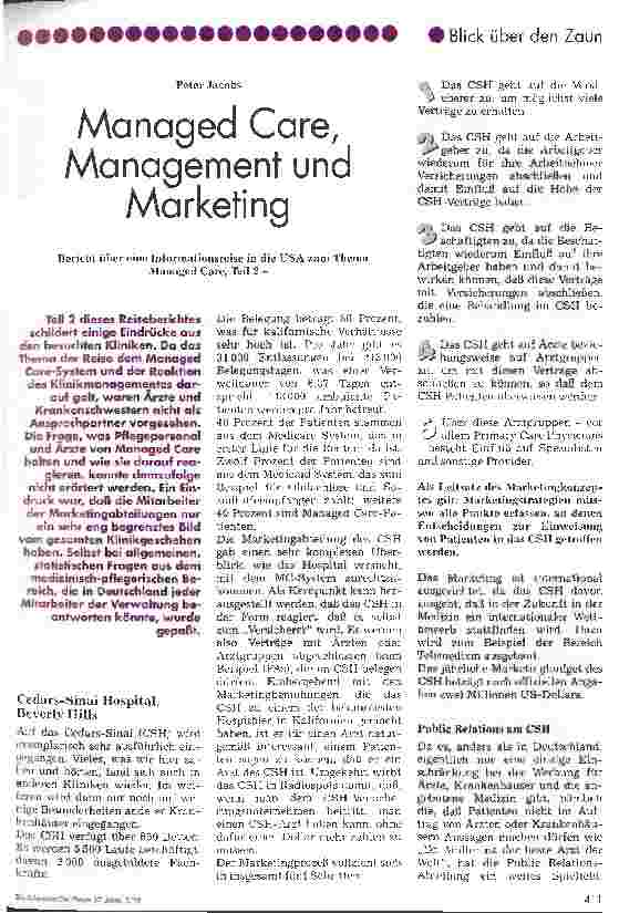 Vorschauseite 1: Managed Care, Management und Marketing Bericht über eine Informationsreise in die USA zum Thema Managed Care, Teil 2