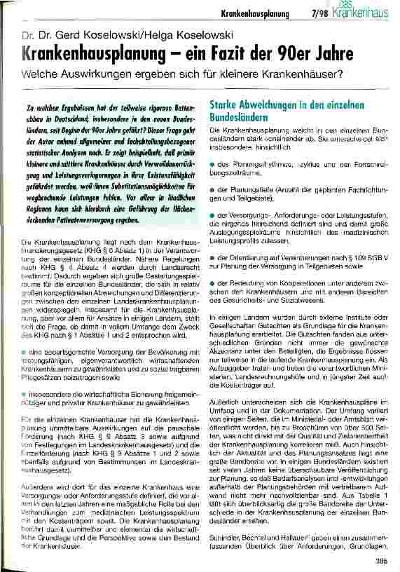 Vorschauseite 1: Krankenhausplanung - ein Fazit der 90er Jahre Welche Auswirkungen ergeben sich für kleinere Krankenhäuser?