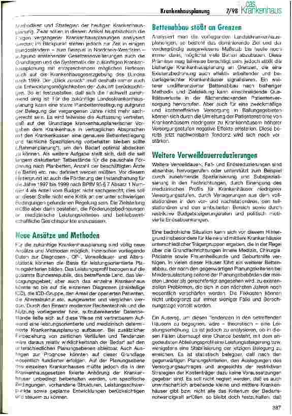 Vorschauseite 3: Krankenhausplanung - ein Fazit der 90er Jahre Welche Auswirkungen ergeben sich für kleinere Krankenhäuser?