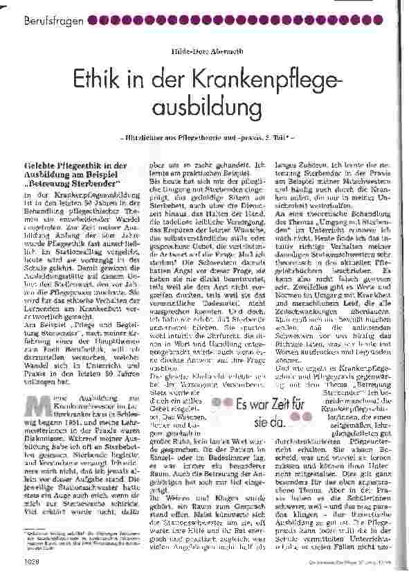 Vorschauseite 1: Ethik in der Krankenpflegeausbildung -Blitzlichter aus der Pflegetheorie und -praxis, 2. Teil