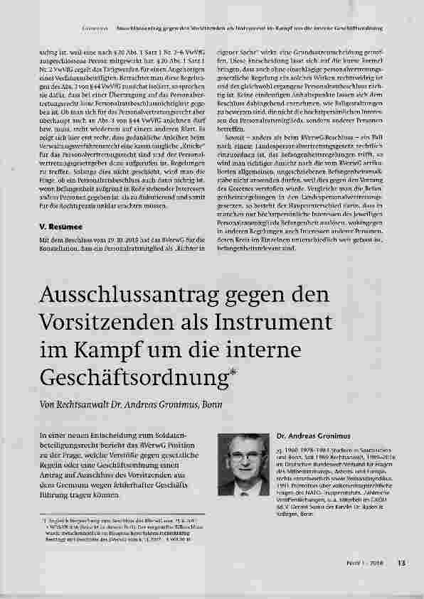 Vorschauseite 1: Ausschlussantrag gegen den Vorsitzenden als Instrument im Kampf um die interne Geschäftsordnung
