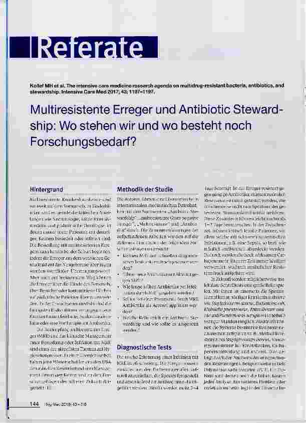 Vorschauseite 1: Multiresistente Erreger und Antibiotic Stewardship: Wo stehen wir und wo besteht noch Forschungsbedarf?