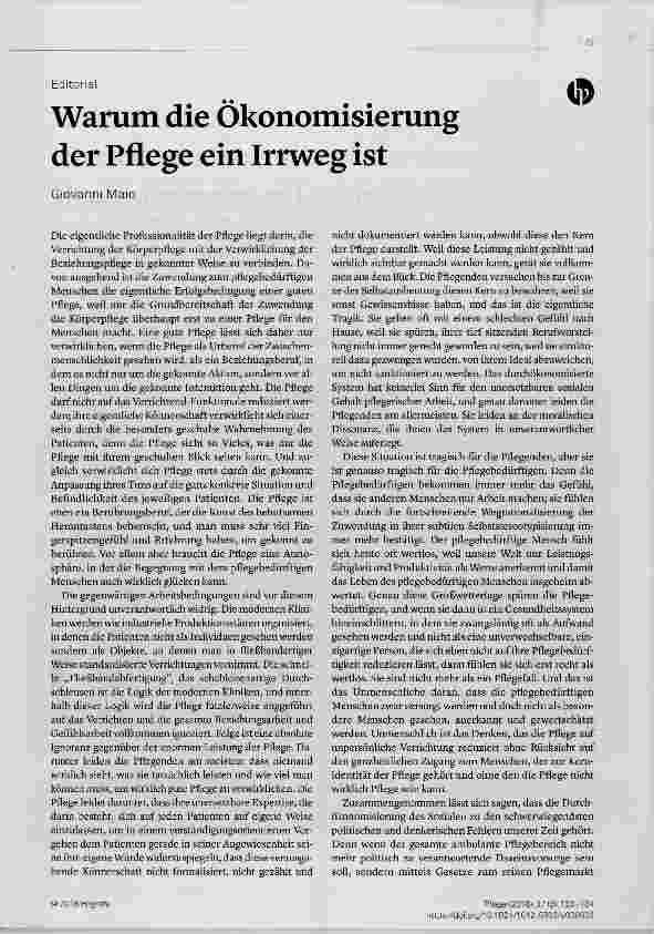 Vorschauseite 1: Warum die Ökonomisierung der Pflege ein Irrweg ist