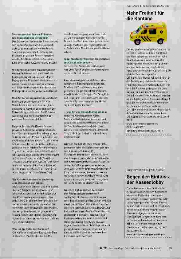Vorschauseite 2: Zwei Volksinitiativen gegen die Macht der Kassen