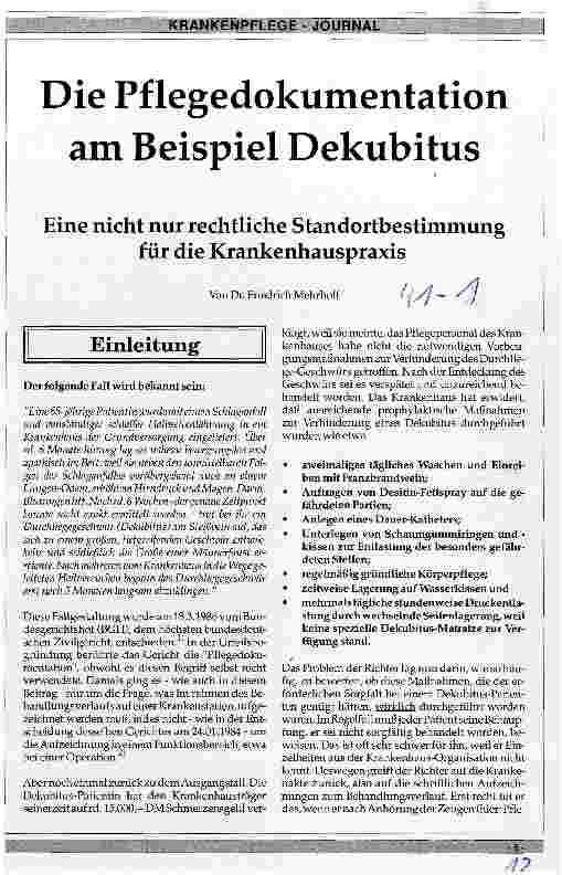 Vorschauseite 1: Die Pflegedokumentation am Beispiel Dekubitus Eine nicht nur rechtliche Standortbestimmung für die Praxis