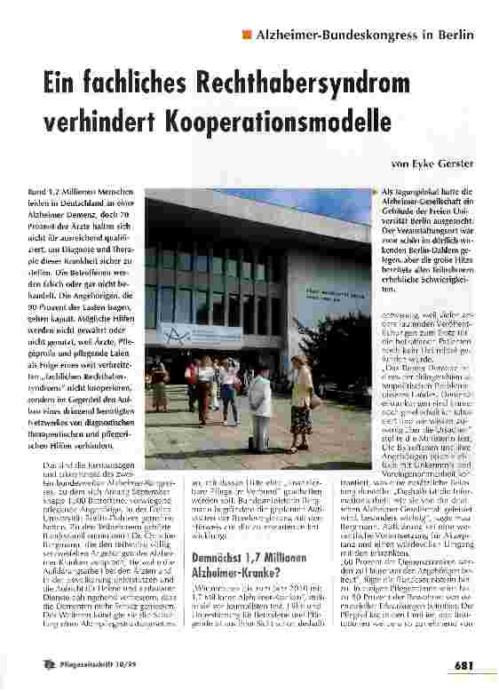 Vorschauseite 1: Ein fachliches Rechthabersyndrom verhindert Kooperationsmodelle Alzheimer-Bundeskongress in Berlin