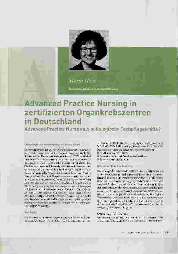 Vorschauseite 1: Advanced Practice Nursing in zertifizierten Organkrebszentren in Deutschland