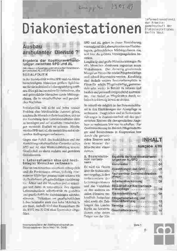 Vorschauseite 1: Ausbau ambulanter Dienste? Ergebnisse der Koalitionsvrhandlungen zwischen SPD und AL (in Berlin)