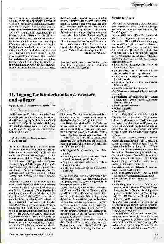 Vorschauseite 1: 11. Tagung für Kinderkrankenschwestern und -pfleger Vom 18. -19. September 1989 in Ulm